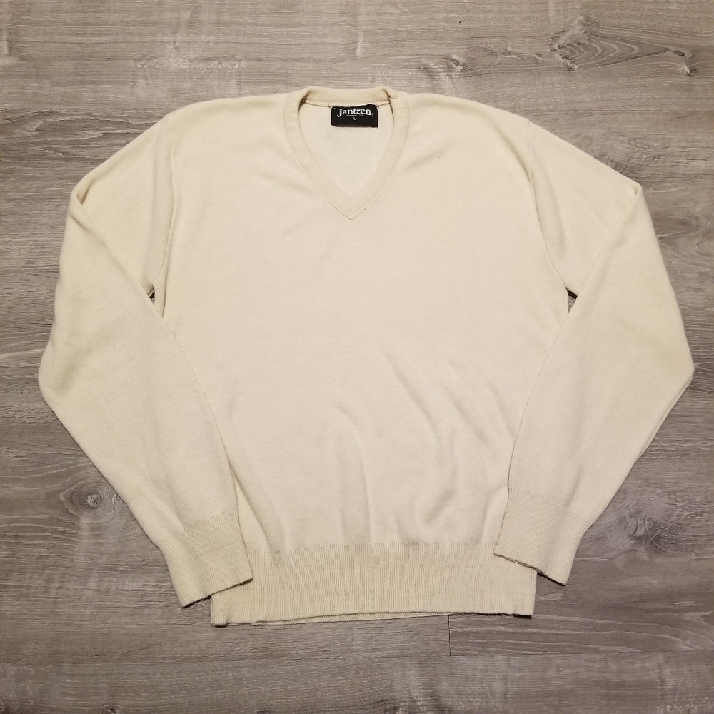 Vintage 90s Jantzen Mens V Neck Grandpa Sweater Large Ivory 100% Orlon Acrylic